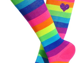 Rainbow Knee Socks Boot Socks Leg Warmers Fun Party Socks Roller Derby Socks Trendy Socks Birthday Gift Socks Glow Party Socks Funky Socks