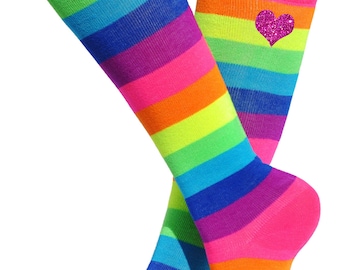 Pink Rainbow Knee High Boot Socks Leg Warmers Fun Party Socks Roller Derby Socks Trendy Socks Birthday Gift Socks Glow Party Funky Socks