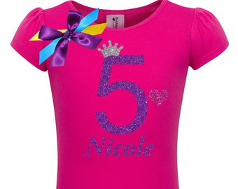 5th Birthday Girl Princess Shirt 5 year Old Girls Birthday Shirt Fifth Birthday Girl T-Shirt Personalized Five Birthday Shirt Purple Glitter