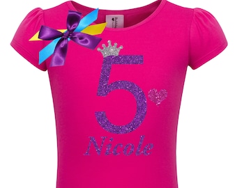 5th Birthday Girl Princess Shirt 5 year Old Girls Birthday Shirt Fifth Birthday Girl T-Shirt Personalized Five Birthday Shirt Purple Glitter