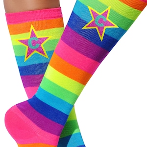 Personalized Initials Roller Skate Socks Girls Skating Birthday Party Favor Monogrammed Star Neon Rainbow Knee High Boot Socks Foxy Brown