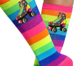 Roller Skate Party Socks Girls Neon Glow Rainbow Knee High Boot Shoe Socks Kids Roller Skating Birthday Party Favor Retro Foxy Brown Skates