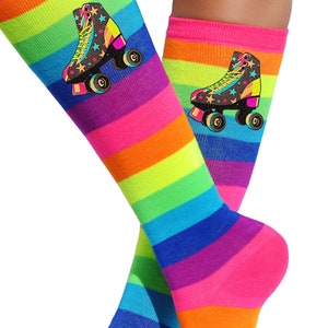 Roller Skate Party Socks Girls Neon Glow Rainbow Knee High Boot Shoe Socks Kids Roller Skating Birthday Party Favor Retro Foxy Brown Skates