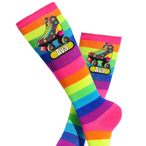 Personalized Socks Custom Leggings Roller Skate Neon Glow Striped Rainbow Knee High Socks Roller Derby Skating Party Gift Stockings Footwear