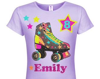 Personalized Roller Skate Birthday Girl Shirt, Retro Glitter Design