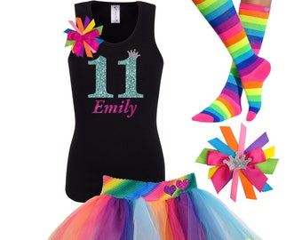 11th Birthday Shirt Tween Birthday Black Tank Top Rainbow Tutu Skirt Hair Bow Rainbow Knee High Socks Neon Glow Party Personalized Age 11