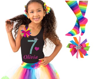 Birthday 7 Outfit Rainbow Birthday Tutu Dress Girls Black Party Shirt 7th Birthday Hair Bow Neon Knee High Socks Personalized Name Seven