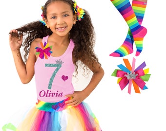 Birthday 7 Outfit Rainbow Birthday Tutu Dress Girls Pink Party Shirt 7th Birthday Hair Bow Neon Knee High Socks Personalized Name Seven