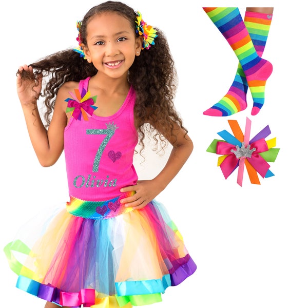 Rainbow Birthday Outfit 7th Birthday Shirt Girls Party Hair Bow Rainbow Tutu Neon Knee High Socks Personalized Name Age 7 Glitter Glow Party