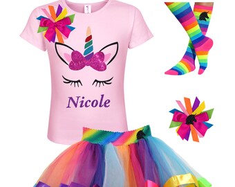 Rainbow Unicorn Birthday Tutu Dress Girls Unicorn Shirt Fairytale Outfit Birthday Magical Sparkle Pony Personalized Gifts  HornRB