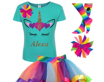 Unicorn 6th Birthday Outfit Rainbow Tutu Gold Unicorn Horn Pink Hearts Unicorn Socks Girls Birthday Shirt 6 Custom Unicorn Birthday Shirt