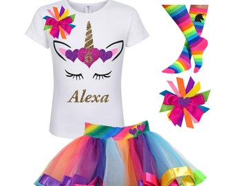Unicorn 6th Birthday Outfit Rainbow Tutu Gold Unicorn Horn Pink Hearts Unicorn Socks Girls Birthday Shirt 6 Custom Unicorn Birthday Shirt