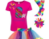 8th Birthday Pink Unicorn Shirt Rainbow Tutu Skirt Fairytale Outfit Little Pony Party Horse T-shirt Knee High Socks Unicorn Hair Bow 8 Eight Il_170x135