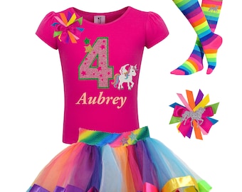 4th Birthday Shirt Unicorn Rainbow Tutu Fairytale Star Magical Hair Bow Glitter Love Unicorn Socks Shirt Horse Pony Custom Name Four 4