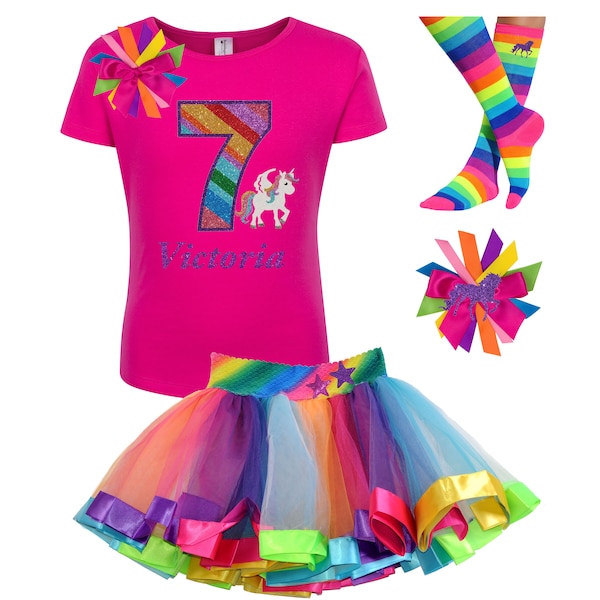 Unicorn Birthday Shirt 7th Birthday Outfit Rainbow Tutu Unicorn Dress Pony Party Unicorn Socks Hair Clip Believe In Unicorns Seven 7 Purple