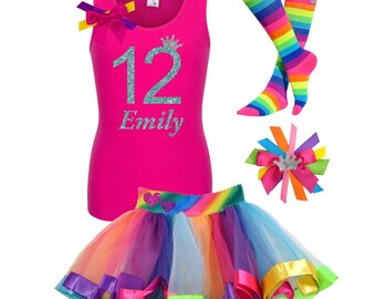 12th Birthday Girl Shirt Rainbow Socks Birthday Tutu Tween Hair Bow Personalized Age Name 12 T-Shirt Kids Party Outfit