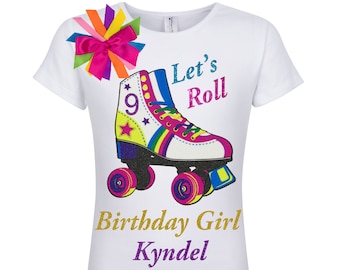 Roller Skate 9th Birthday Girl Shirt 9 Skating Tee Rainbow Let's Roll T-Shirt Roller Derby Kids Glow Party Personalized Gift | Lucky Star