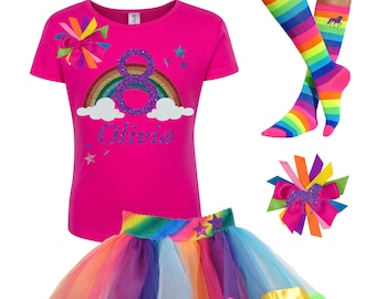 8th Birthday Outfit: Rainbow Unicorn Shirt, Tutu, Bow & Socks