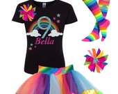 9th Birthday Girl Over The Rainbow Fluffy Clouds Shirt Glitter Stars Kids Rainbow Skirt Unicorn Socks Unicorn Hair Bow Personalized Name 9 Il_170x135