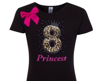 8th Birthday Cheetah Shirt Black Brown Rhinestone Number 8 Black Tutu Cheetah Hair Bow Princess Party Diva Rock Star Personalized Name Shirt