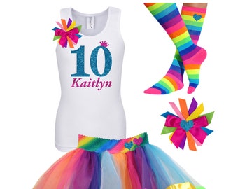 10th Birthday Girl Shirt Double Digits Tween Birthday Outfit Tenth Birthday Rainbow Tutu Skirt Kids Party Blue Glitter 10 Personalized Name