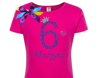 6th Birthday Girl Shirt, Personalized Name, Ribbon Bow