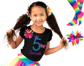 Butterfly 5th Birthday Outfit: Personalized Shirt, Rainbow Tutu, Bow