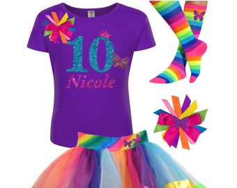 10th Birthday Shirt Rainbow Tutu Outfit Pink Monarch Butterfly Hair Bow Butterfly Socks Black Shirt 10 Personalized Name Tween Girl Party 10