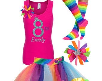 Rainbow 8th Birthday Outfit Rainbow Socks Rainbow Hair Bow Hot Pink Shirt SK8 Birthday Girl Shirt Glow Party Personalized Name Shirt 8