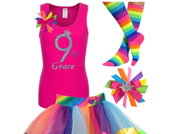 Rainbow Birthday Outfit 9th Birthday Shirt Girls Party Hair Bow Rainbow Tutu Neon Knee High Socks Personalized Name Age 9 Glitter Glow Party