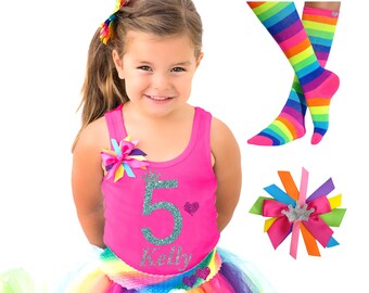 Rainbow 5th Birthday Outfit: Sparkle Shirt, Tutu, Hair Bow & Socks