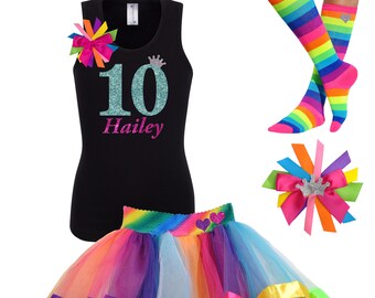 10th Birthday Shirt Tween Birthday Outfit Rainbow Tutu Glow Party Hair Bow Rainbow Neon Knee High Socks Birthday Gift Set Custom Name Age 10