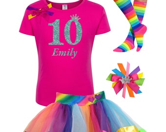 Girls 10th Birthday 10th Birthday Party Rainbow Tutu Rainbow Birthday Hair Bow Rainbow Socks Birthday Girl Shirt 10 Personalized Name Shirt