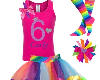 Pink 6th Birthday Shirt Birthday Tutu Skirt Girls Sixth Birthday Hair Bow Stripe Rainbow Knee Socks Kids Birthday Outfit Personalized Name