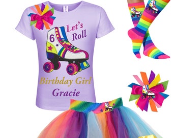 Roller Skate Party Shirt 6th Birthday Outfit Rainbow Tutu Skirt Roller Derby Girls Glow Roller Skating Personalized Gift |  Lucky Star