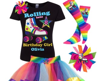 Roller Skate Party 8th Birthday Shirt Girls Rainbow Tutu Roller Derby Outfit Stripe Socks Glow Skating T-Shirt Personalize Gift | Lucky Star