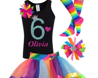 6th Birthday Outfit 6 Year Old Birthday Girl Shirt Rainbow Tutu Dress Six Birthday T-Shirt Sixth Birthday Gift Personalized Custom JD6