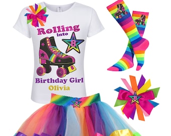 Roller Skate Shirt Girls Birthday Outfit Rainbow Tutu Skater Skirt Star 8 Roller Derby Glow Skating Party Personalized Gift | Razzle