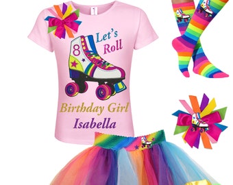 Roller Skates Shirt Lets Roll 8th Birthday Outfit Rainbow Tutu Skirt Glow Roller Derby Skating Party Personalized Gift |  Lucky Star