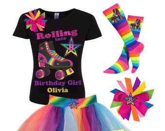 Roller Skate Party Shirt Girls Birthday Outfit Rainbow Tutu Skirt Star 8 Roller Derby Glow Roller Skating Rink Personalized Gift | Razzle
