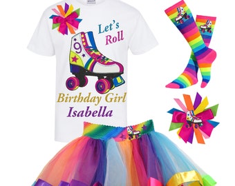 Roller Skate Party 9th Birthday Shirt Girls Rainbow Tutu Roller Derby Boot Socks Glow Skating Tshirt Personalized Gift |  Lucky Star