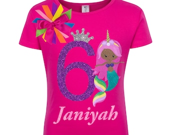 Black Mermaid Birthday Shirt Girl 6th Birthday Little Mermaid Shirt 6 Year Old African American Girls Sixth Birthday Personalized Custom
