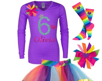 6th Birthday Outfit Rainbow Tutu Skirt Sixth Birthday Girl Shirt 6 Year Old Kids Rainbow Party Personalized Name Custom Pink Long Sleeves