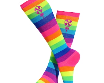 Lollipop Rainbow Neon Knee High Socks Roller Derby Socks Skate Party Fun Socks Glow Party Laser Tag Birthday Gift Tween Girl Toddler Girl