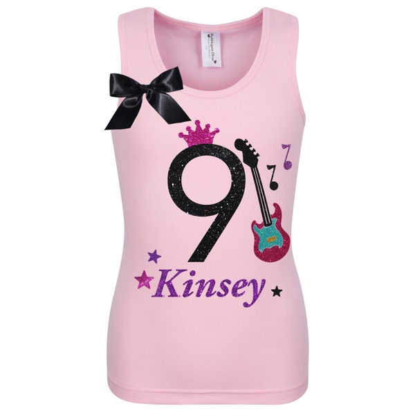 9th Birthday Girls Guitar Shirt Rock N Roll Music Party Rock Star Party Pop Princess Outfit Personalized 9