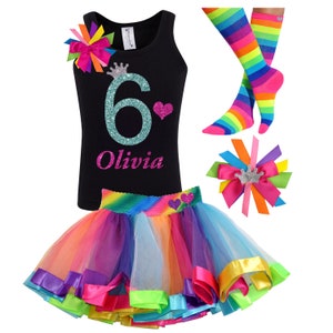 6th Birthday Outfit 6 Year Old Birthday Girl Shirt Rainbow Tutu Dress Six Birthday T-Shirt Sixth Birthday Gift Personalized Custom JD6