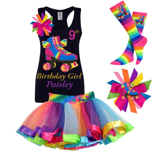 Roller Skate Happy Birthday Shirt 9th Birthday Girl Tank Top Shirt Rainbow Tutu Skirt Roller Derby Skating Rink Personalized Gift | HWings