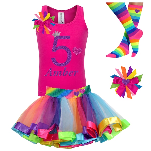 Rainbow 5th Birthday Girl Shirt 5 Rainbow Tutu Skirt Fifth Birthday Dress Five Shirt Birthday Outfit Personalized Gift | Bubblegum Divas