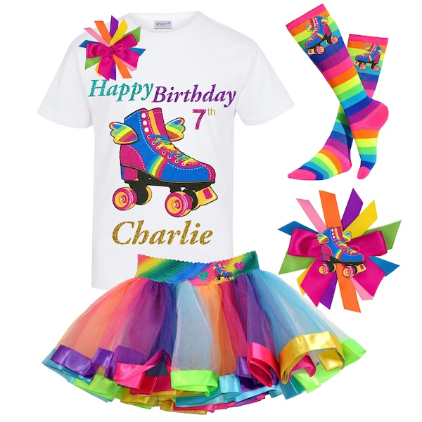 Roller Skate Happy Birthday Shirt 7th Birthday Girl Rainbow Tutu Dress Tulle Skirt Roller Derby Skating Rink Personalized Gift | HWings