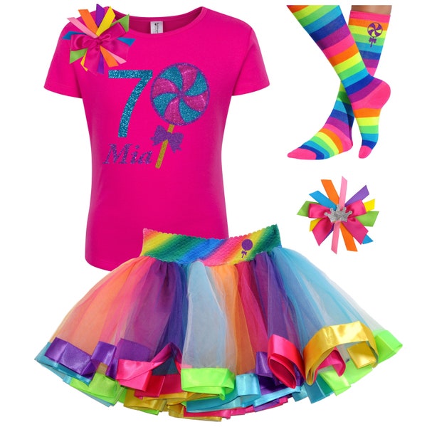 7th Birthday Lollipop Pink Shirt Candy Sweet Shop Rainbow Tutu Outfit Hair Bow Candyland Socks Carnival Birthday Party Personalized Name 7